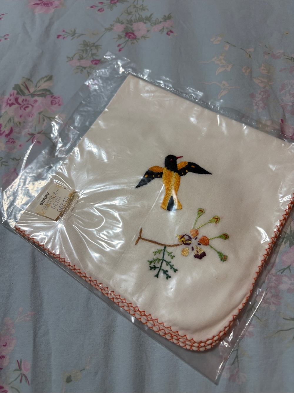 Vintage Embroidered Bird Floral Cotton Handkerchief - Cream